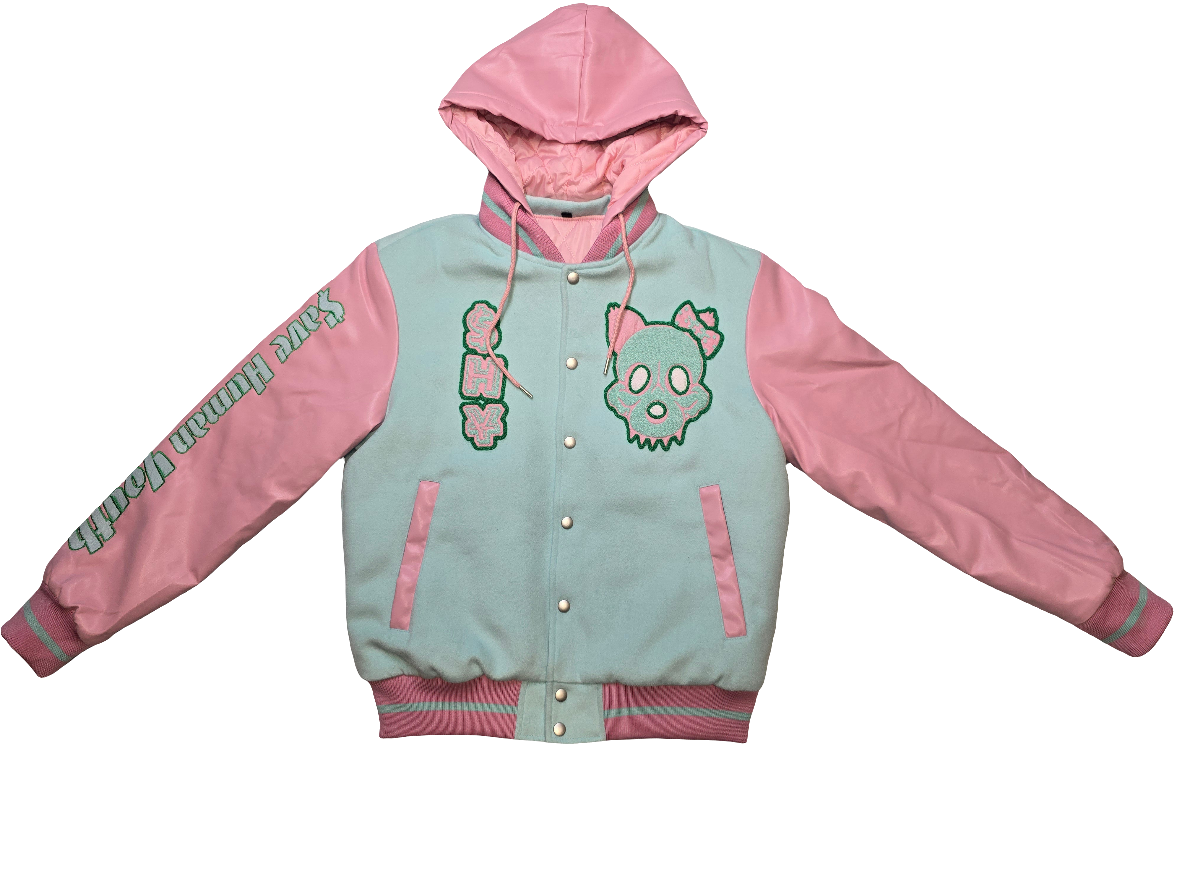 Shy female varsity jacket