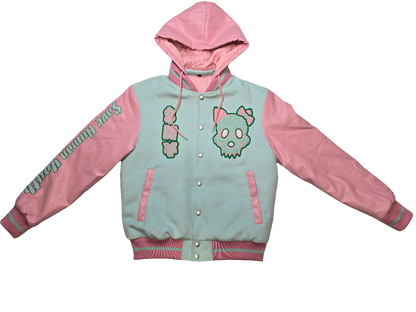 Shy female varsity jacket