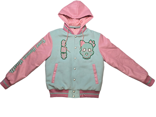 Shy female varsity jacket