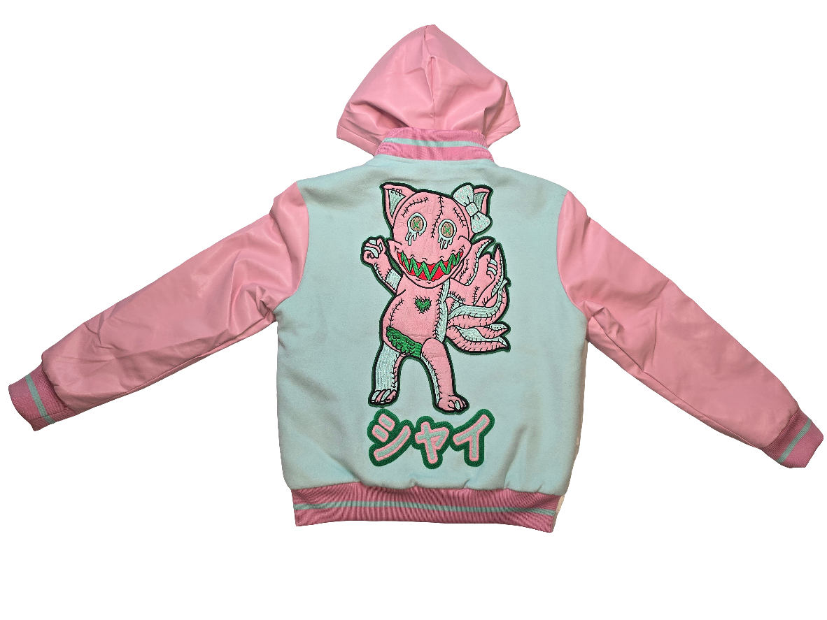 Shy female varsity jacket