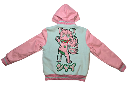 Shy female varsity jacket